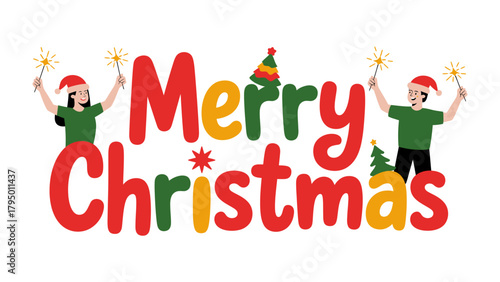 Festive Christmas Celebration: A cheerful Christmas scene, with Merry Christmas in vibrant colors, decorated with sparklers and christmas trees, conveying the joyful spirit of the holidays.