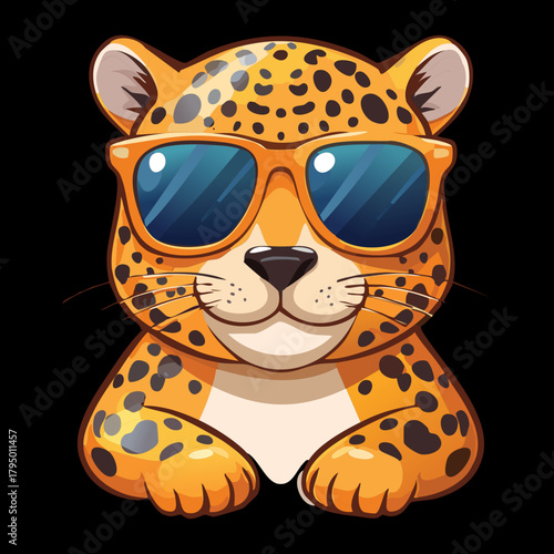 Digital Illustration of a Seriously Cool Baby Leopard Wearing Dark Reflective Aviator Sunglasses Looking Direct and Confident