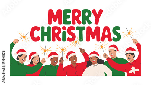 Festive Season's Greetings: A diverse group shares holiday cheer, holding sparklers amidst the festive text Merry Christmas, embodying the spirit of celebration and joy.