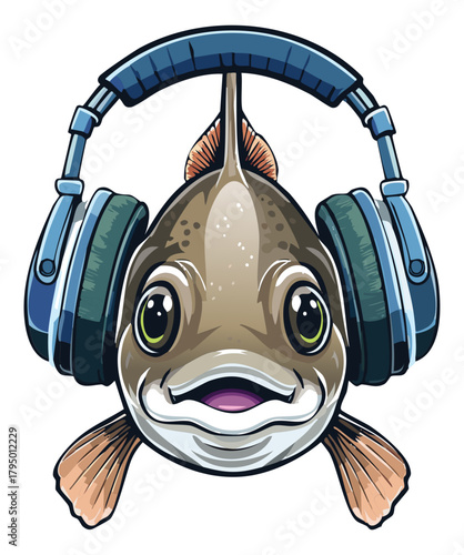 Detailed Portrait of a Marine Fish Head Wearing Large Black Headphones Looking Directly at the Viewer