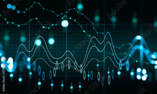 Abstract financial chart with glowing data lines and symbols, futuristic digital style, on a blurred grid background, concept of market analysis and trading, 3D Rendering