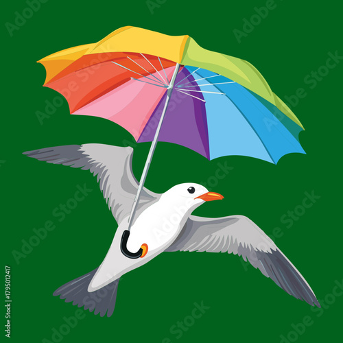 Cheerful Seagull Bird Gliding Downwards Holding a Bright Rainbow Umbrella Against a Green Nature Background