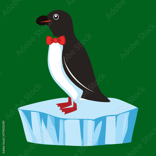 Formal Emperor Penguin Chick Standing Elegantly on a Floating Ice Floe Wearing a Stylish Red Bow Tie