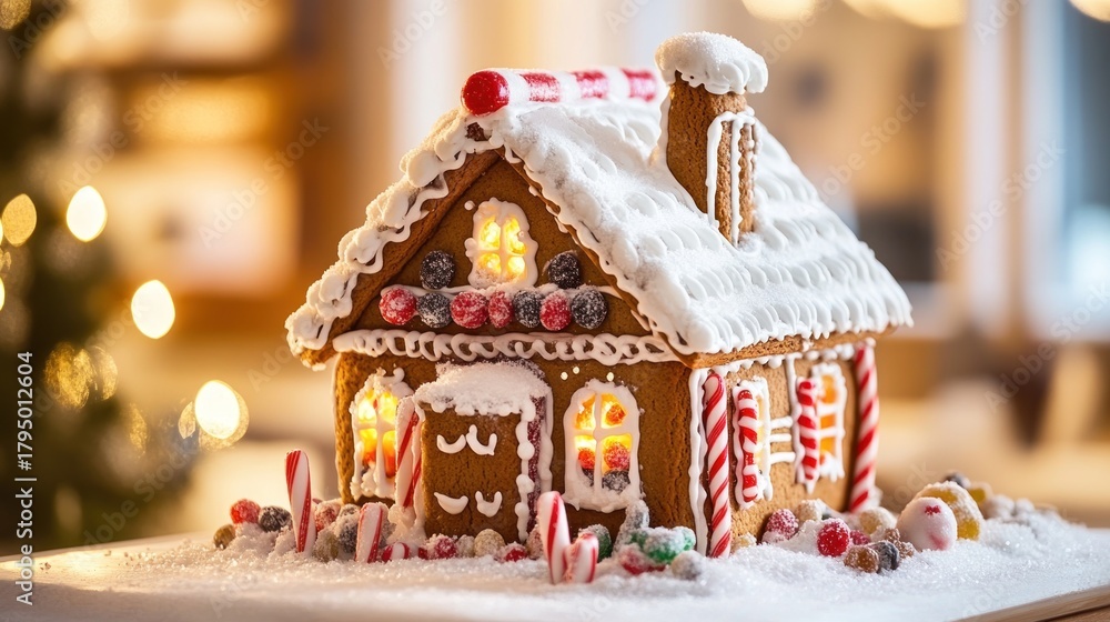 Obraz premium Ornate gingerbread house with festive decorations