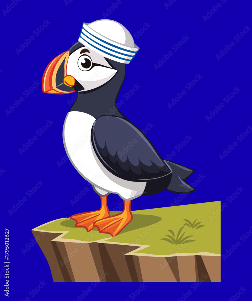 Obraz premium Brave Cartoon Atlantic Puffin Seafaring Captain Wearing a Navy Sailor Hat Standing Tall on a Blue Background