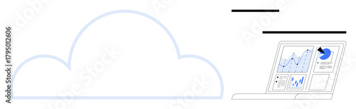 Cloud outline next to a laptop showing analytics, graphs, and charts. Ideal for technology, data, cloud computing, digital storage, innovation business trends. Minimalist flat metaphor