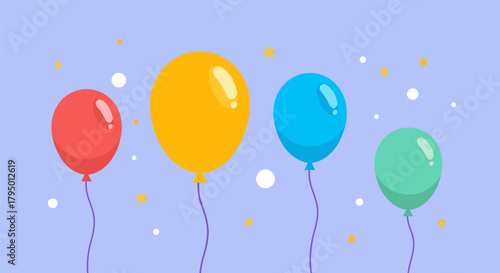 Festive Celebration Balloons Floating Against a Light Purple Background with Scattered Confetti, Perfect for Party Invitations and Decorations