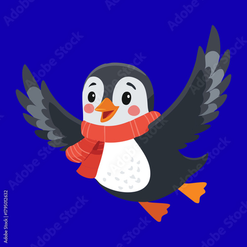 Energetic Cartoon Penguin Bird Flying with Wide Spread Wings and Wearing a Cozy Red Scarf