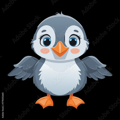 Adorable Baby Emperor Penguin Chick Spreading Its Wings and Looking Forward Isolated on a Light Grey Background