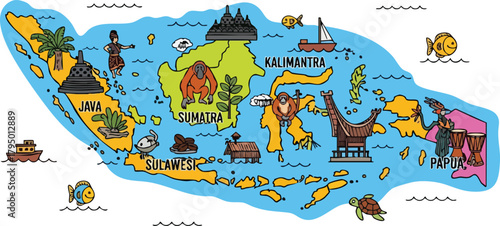 Cartoon Map Of Indonesia With Famous Landmarks And Wildlife