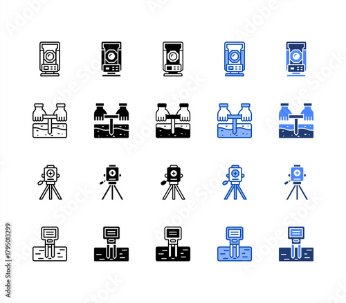 Theodolite, Soil sample, Laser level, Moisture meter multiple style icon set.