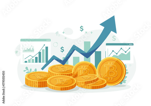 Illustration of Bitcoin coins stacked in front of rising graph, representing cryptocurrency growth and financial investment.