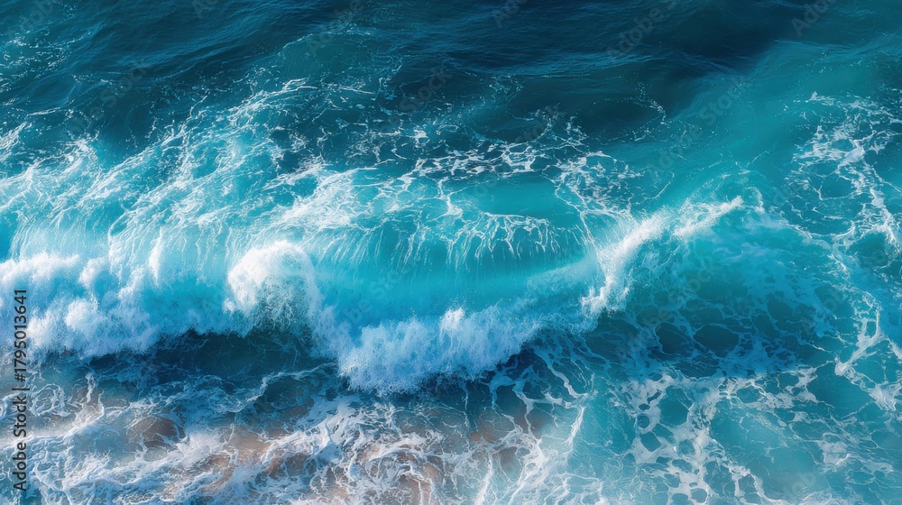 Fototapeta premium Aerial view of crashing ocean waves in deep blue