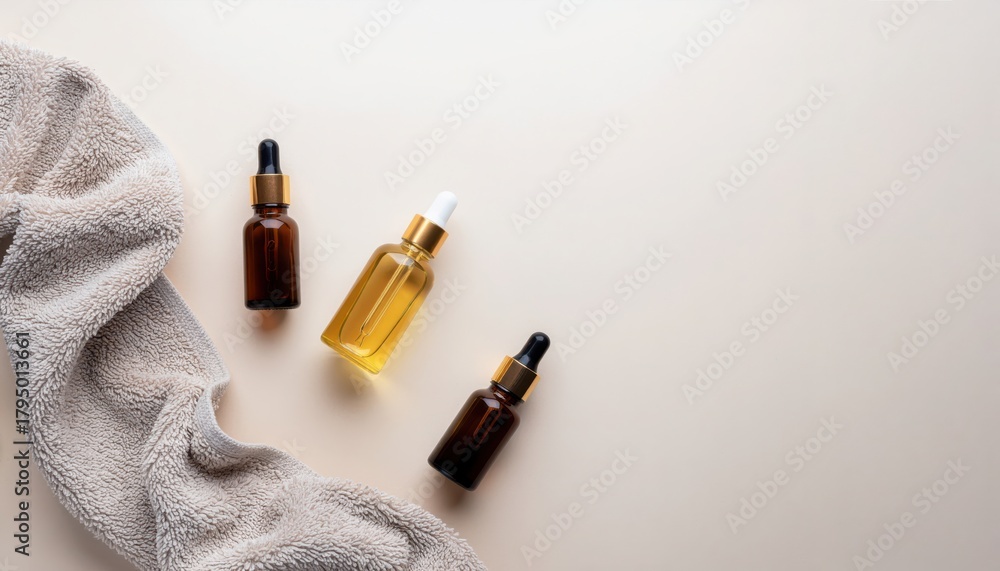 Fototapeta premium Flat lay of amber glass serum bottles and soft beige towel on neutral background for natural skincare and beauty product concept