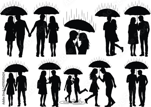 Romantic couple silhouettes, umbrella love scene, rainy day affection, emotional bond, intimate moment, wet weather romance, togetherness, puddle splash joy