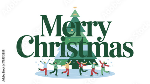 Festive Christmas cheer: A joyful illustration celebrating Christmas, with figures dancing happily around a decorated tree, perfectly embodying the warmth of the holiday season.