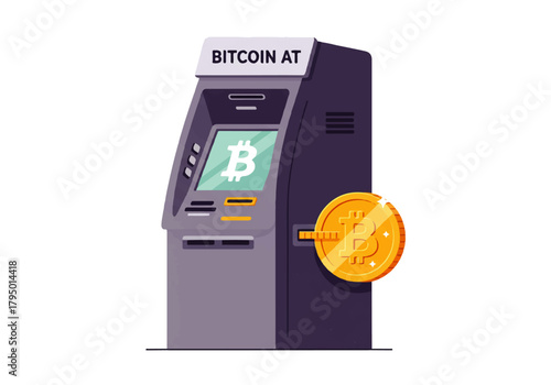 Illustration of a Bitcoin ATM with a Bitcoin symbol on the screen and a golden coin emerging from the machine.