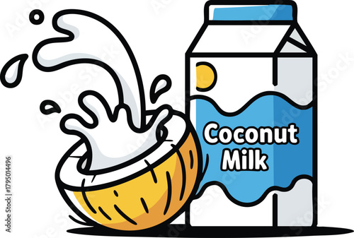 Coconut milk splashing from halved coconut next to carton on white background illustration