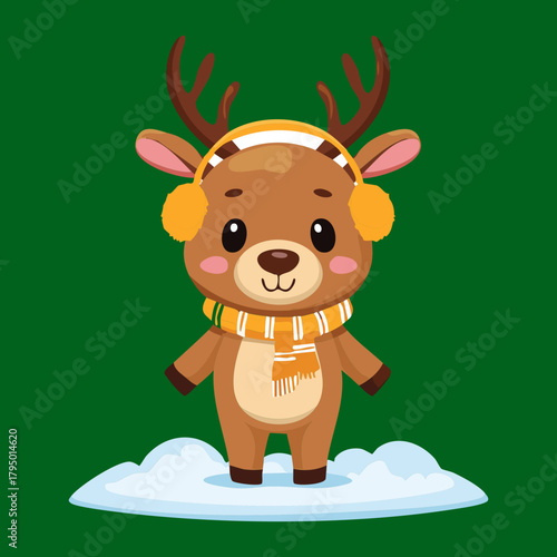 Charming Little Reindeer Cub Standing in Light Snow Wearing Red Earmuffs and a Matching Striped Scarf for Christmas