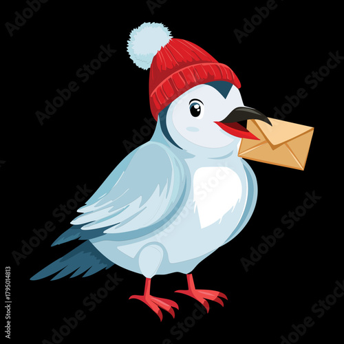 Charming Little Bird Mascot Wearing a Red Beanie Hat Holding a Piece of Mail Ready for Postal Service Delivery Vector