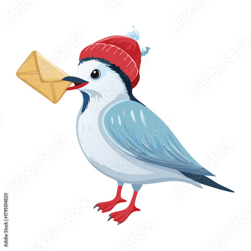 Cartoon Bird Character Wearing a Red Winter Hat Delivering an Important Letter or Message for a Special Holiday Delivery