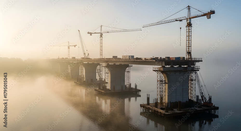 Fototapeta premium Bridge construction over water at sunrise, with large concrete pillars and cranes rising from the mist, highlighting infrastructure development