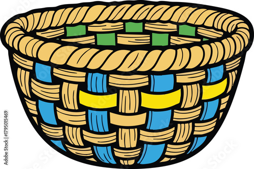 Handwoven Round Basket With Blue Yellow Green Accents and Natural Tan Fibers Isolated On White