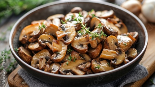 Roasted mushroom slices in a bowl.  Freshly seasoned and ready to eat