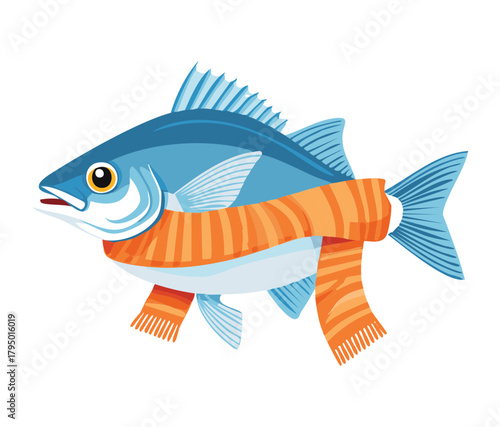 Stylized illustration of a medium-sized blue fish with distinct scales and an orange scarf wrapped around its neck, suggesting a cold environment