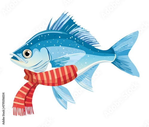 An illustration of a determined-looking blue fish with pronounced fins and a thick, horizontally striped winter scarf for a chilly marine concept