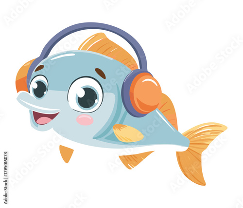 Cheerful cartoon fish illustration with big friendly eyes and a slight grin, wearing oversized orange studio headphones for audio concept