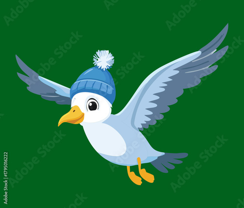 Flying grey Animal seabird wearing a blue knit pom-pom hat, gliding gracefully across the clear sky illustration vector