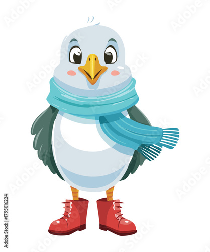 Adorable Animal Bird wearing a green scarf and little pink boots, ready for a chilly day out vector