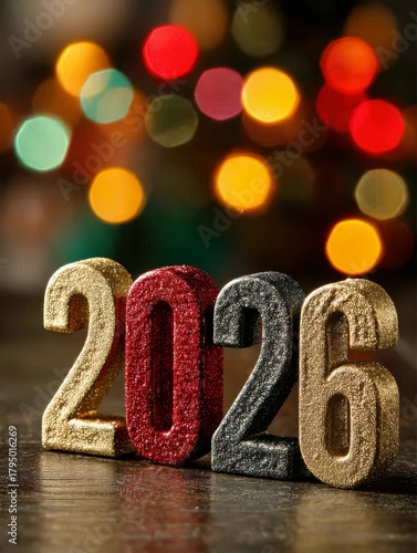 Beautiful decoration of 2026 numbers against colorful lights for New Year celebration