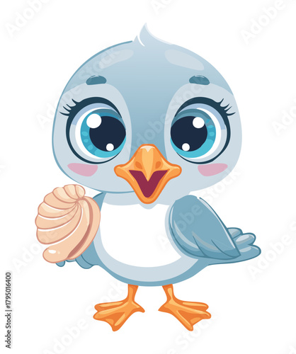 Adorable cartoon vector illustration of a small penguin animal with big innocent eyes, holding a white seashell and smiling sweetly