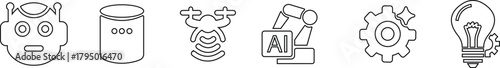 Robotic and Automation Icon Set, Collection and Group of Artificial Intelligence, Machine Learning, and Industrial Robot Symbols, Black Line Vector AI Technology and Innovation Design