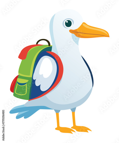 A full-body illustration of a white seagull animal with a green and red backpack, standing on white ground, ready for a hiking or travel concept vector