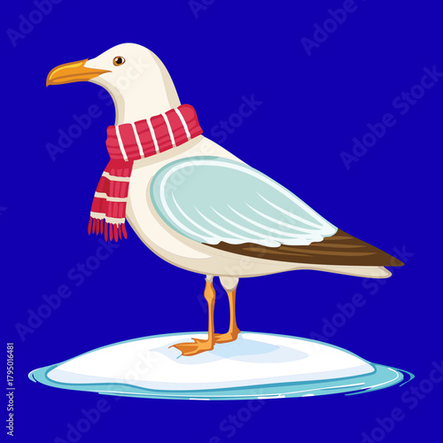 Stylized illustration of a seagull animal on ice, wearing a red and white striped winter scarf, portraying a cold-weather nautical scene vector