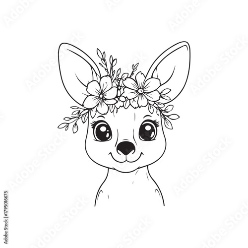 Cute Baby Kangaroo with Flower Crown Coloring Page