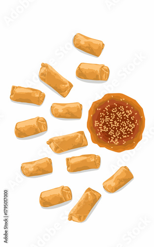chinese food Filled spring rollswith sauce and Delicious meat with Sesame seeds ketchup. Fried Food