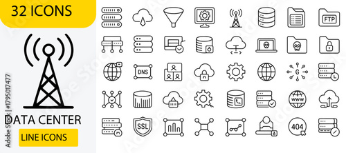 Data center line icons set vector outline design elements for cloud computing network and database isolated on white background