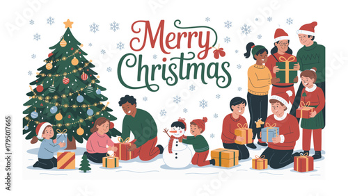 Holiday Cheer: Children and adults gather around a decorated Christmas tree, amidst snowflakes, and embrace the holiday spirit with gifts and joyful smiles. 