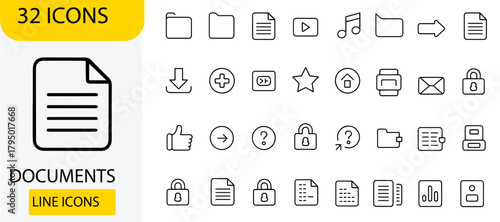 A set of simplified line icons related to documents, folders, and digital file management appears against a plain backdrop.