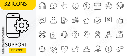 Set of support line icons simple outline vector design elements for assistance and communication isolated on white background