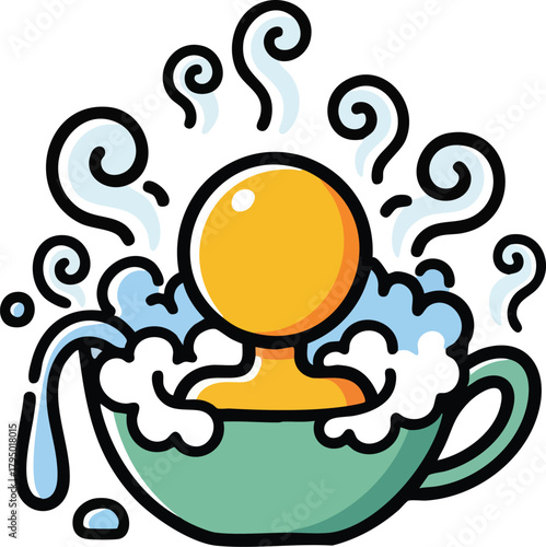 Stylized illustration of a person enjoying a hot bath in a teacup with steam rising and bubbles overflowing