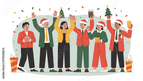 Festive Office Celebration: A cheerful office gathering embraces the holiday spirit, raising cheers and spreading joy with a festive mood and holiday decorations.