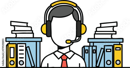 Illustration of A Person Wearing Headset And Tie Surrounded By Files And Folders