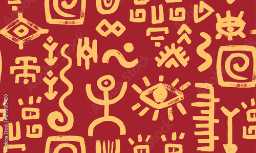 Seamless vector pattern with yellow on red bg simple human figure, face, eye and arrow motifs of african and mexican aztec art. Ethnic tribal texture for decorative background and textile design.