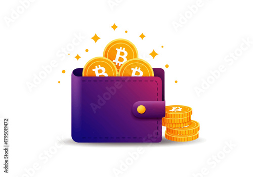 A purple wallet overflowing with gold Bitcoin coins, with a stack of coins beside it, against a white background with starbursts.