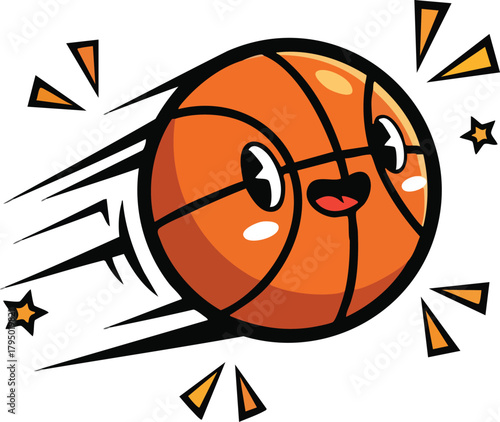 Cartoon basketball with happy face flying with motion lines and yellow stars on white background